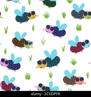 Cute fly seamless pattern. Nature background with funny insect Stock Vector