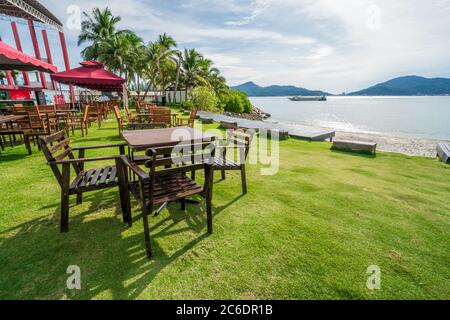 Perak, Malaysia - July 7, 2020 : Beach and landscape view of Lumut Beach in Malaysia. Holidays Concept Stock Photo