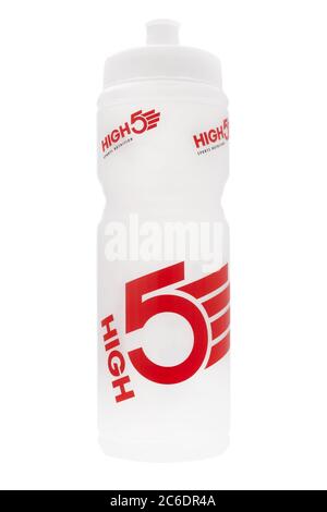 High 5 sports reusable plastic water bottle on white background Stock Photo