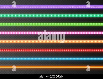 Colorful LED strips collection, bright luminous ribbons isolated on a transparent background. Realistic neon garlands. Stock Vector