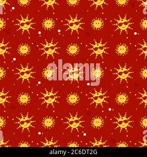 Seamless pattern. Cute yellow sun in sunglasses smiling. Red background. Vector illustration for design, decor, packaging, printing, wallpaper Stock Vector