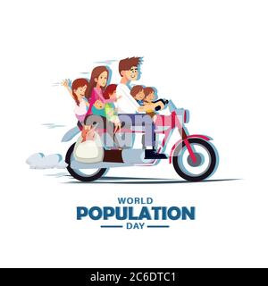 World population day, 11th July, whole family with pet dog on a motorbike, motorcycle, family vacation, poster, vector illustration Stock Vector