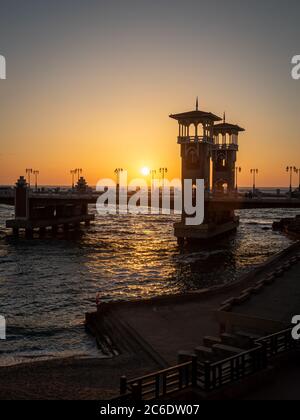 the architectural masterpiece of the stanley bridge in Alexandria at sunset Stock Photo