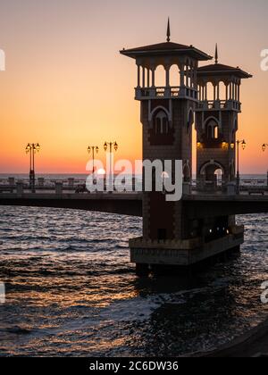 the architectural masterpiece of the stanley bridge in Alexandria at sunset Stock Photo