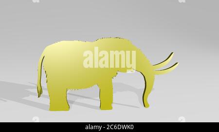 MAMMUT ANCIENT ELEPHANT made by 3D illustration of a shiny metallic sculpture on a wall with light background. architecture and building Stock Photo