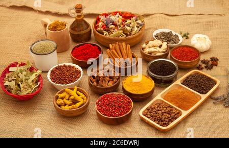 Various spices and herbs as a background. Stock Photo