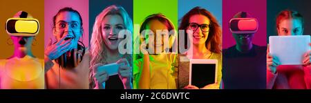 Portrait of people on multicolored background in neon light. Flyer, collage. Concept of human emotions, facial expression, sales, ad, technologies. Using devices, gadgets, VR, tablet smartphone Stock Photo