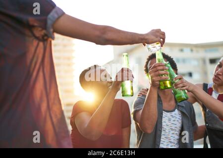 Young friends toasting beer glasses on sunny urban rooftop Stock Photo