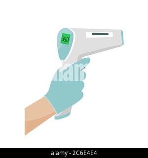 Hand holding Digital Infrared Thermometer or thermometer gun for check forehead temperature. Measurement scan from Coronavirus Disease or COVID-19 Stock Vector