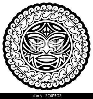 Circular pattern in form of mandala with Thunder-like Tiki is symbol-mask of God. Traditional ornaments of Maori people - Moko style. Vintage decorati Stock Vector