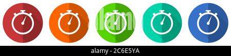stopwatch icon set, red, blue, green and orange flat design web buttons isolated on white background, vector illustration Stock Vector