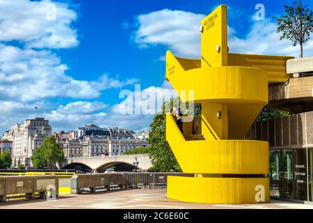 Brutalist style yellow staircase of the Southbank Centre's Queen Elizabeth Hall, Southbank, London, UK Stock Photo