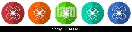 Drone icon set, copter, red, blue, green and orange flat design web buttons isolated on white background, vector illustration Stock Vector
