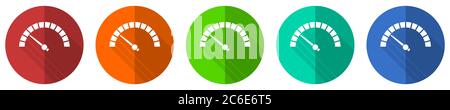 Speed meter icon set, fast indicator, red, blue, green and orange flat design web buttons isolated on white background, vector illustration Stock Vector