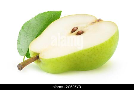 Isolated pear. One half of green pear fruit isolated on white background Stock Photo