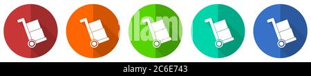 Delivery service icon set, shipping barrow, red, blue, green and orange flat design web buttons isolated on white background, vector illustration Stock Vector