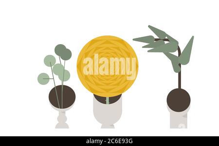 Set of vases with blooming flowers for decoration and interior. Vector illustration flat design. Use in web projects and applications and printing. Stock Vector