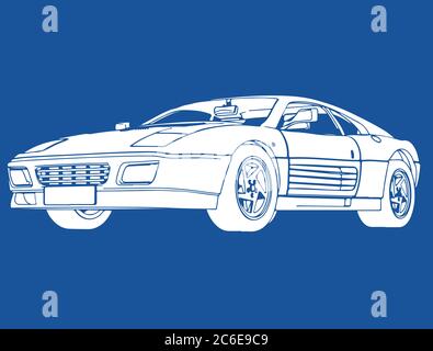 white silhouette of a sports car on a blue background Stock Vector