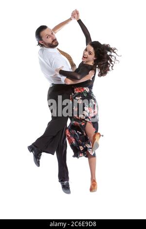 Young people isolated on white background having funny poses. Stock Photo