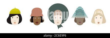 Portraits of women and girls of different skin colors and different ages in fashionable hats. Female international movement. Flat design style vector graphic illustration. Stock Vector