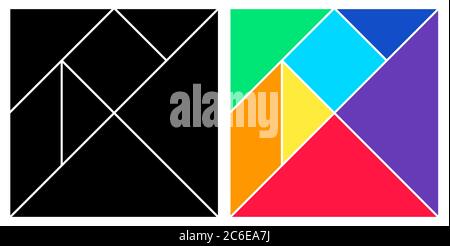 Tangram black and colorful base square brain game with pieces. Stock Vector