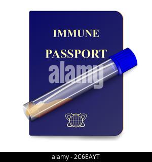 Immunity passport and coronavirus test tube. Testing for COVID-19 and infectious diseases on national borders. Proof that is not infected. Realistic c Stock Vector