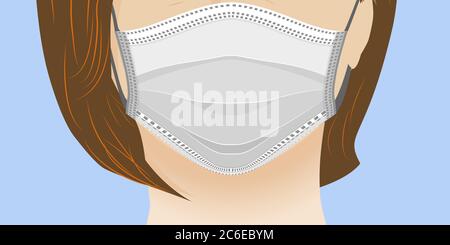 Coronavirus White medical mask on the face of girl. Corona virus banner panoramic medical professional preventive gear. People are hospitalized for pr Stock Vector