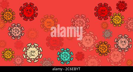 Corona virus cartoon childrens design colorful viruses hand draw on red background horizontal banner. Vector illustration Stock Vector