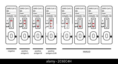 Set of COVID 19 rapid test kit results interpretation infographics showing different positive, negative and invalid test results. Linear monochrome ic Stock Vector