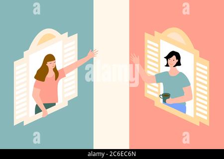 Neighbours communicating through the Window. The concept of social isolation during the coronavirus pandemic. Stay home quarantine. Stock Vector