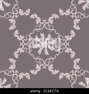 Seamless pattern with hearts, interlaced spirals and birds. Romantic. Colors Pinkish Brown dark and Pinkish Brown light. Vector. Stock Vector