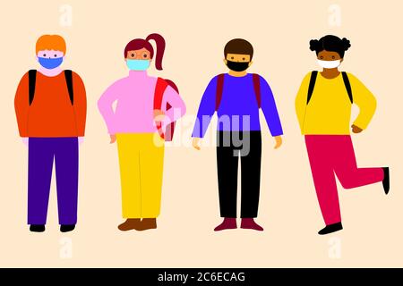 Children wearing masks and going to school. Children's first epidemic experience. For safety reasons (Covid-19 or coronavirus). Stock Vector
