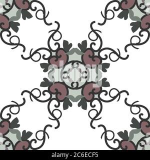 Seamless pattern with hearts, interlaced spirals and birds. Colors white, green, dark red and dark grey. Vector. Stock Vector