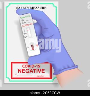 Hand in medical glove holding rapid test for antibodies to coronavirus with negative result. Diagnostics Covid 19 virus. No infectious disease Sars 20 Stock Vector