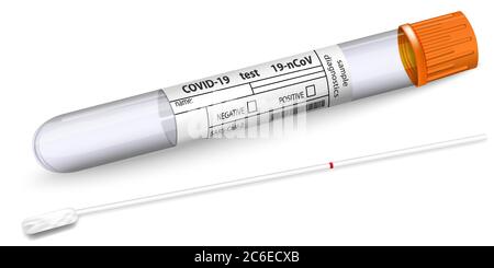 Blank test tube for diagnostics Covid 19 virus with Q-tips swab Sample. Form for blood test result Coronavirus 2019-nCoV. Realistic empty 3d Isolated Stock Vector