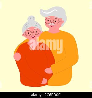 A happy elderly couple, senior citizen health plan, standing embraced together holding their hands. Medical insurance plan. Stock Vector