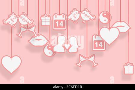 Set of Valentine icons, such as heart, lips, gift box, birds, lovers, envelope, champagne, calendar and more. Hanging on a string isolated on pink. Stock Vector