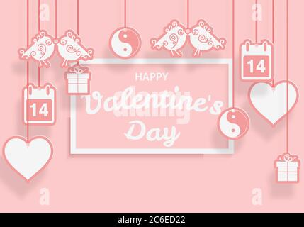 Happy Valentines day cut paper design with icons of hearts, birds, gift box, calendar and other symbols are hanging by twine. Soft pink background. Fr Stock Vector