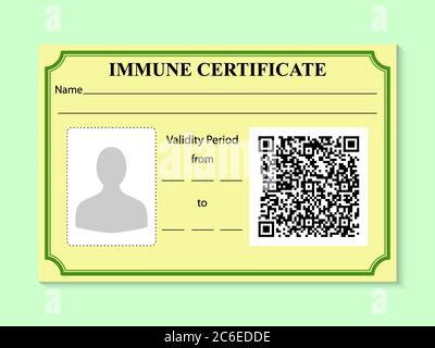 Immune certificate in form of card with a sample QR code. Negative result for coronavirus. Working ID for person with absence of disease virus SARS. R Stock Vector