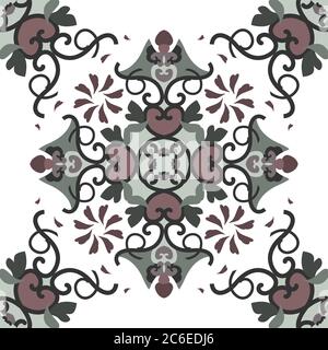 Seamless pattern with hearts, spirals and birds. Colors white, green, dark red and dark grey. Vector. Stock Vector