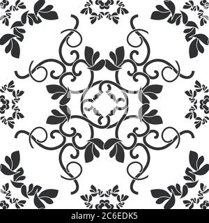 Seamless pattern with hearts, interlaced spirals and birds. Romantic. Colors Dark grey and white. Vector. Stock Vector