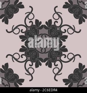 Seamless pattern with hearts, interlaced spirals and birds. Romantic. Colors, Pinkish Brown dark and Pinkish Brown light , Dark grey. Vector. Stock Vector
