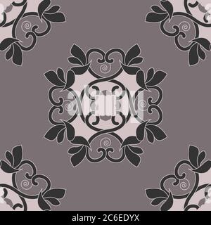 Seamless pattern with hearts, interlaced spirals and birds. Colors Pinkish Brown dark and Pinkish Brown light, Dark grey. Vector. Stock Vector