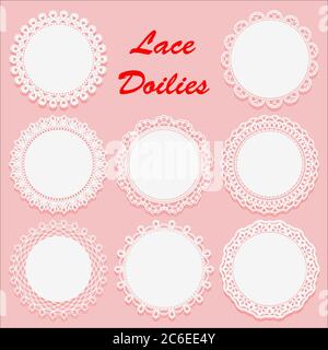 Set of Decorative White lace Doilies. Openwork round frame on a pink background. Vintage Paper Cutout Design. Vector illustration Stock Vector