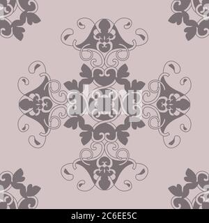 Seamless pattern with hearts, interlaced spirals and birds. Romantic. Colors Pinkish Brown dark and Pinkish Brown light. Vector. Stock Vector