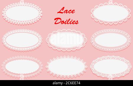 Set of Decorative White lace Doilies. Openwork Oval frame on a pink background. Vintage Paper Cutout Design. Vector illustration Stock Vector