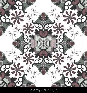 Seamless pattern with hearts, interlaced spirals and birds. Colors white, green, dark red and dark grey. Vector. Stock Vector