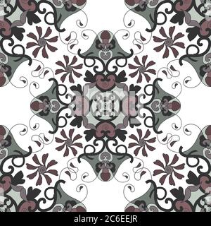 Seamless pattern with hearts, interlaced spirals and birds. Colors white, green, dark red and dark grey. Vector. Stock Vector