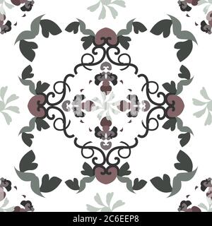 Seamless pattern with hearts, spirals and birds. Colors white, green, dark red and dark grey. Vector. Stock Vector