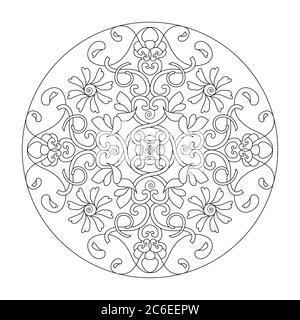 Mandala coloring page. Hearts, spirals, flowers and birds. Stock Vector